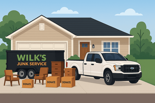 White Ford F-250 truck hitched to a black dump trailer with Wilk’s Junk Service logo parked in front of a suburban house, with donation boxes and furniture neatly arranged on the driveway.