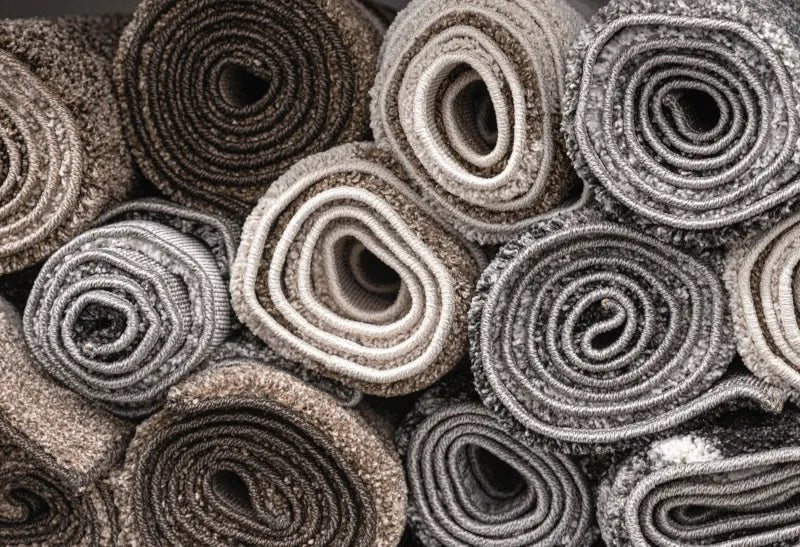 A collection of rolled-up carpets in various shades of grey, black, and white, neatly arranged with their circular ends forming an interesting pattern. Removed by Wilk's Junk Service.