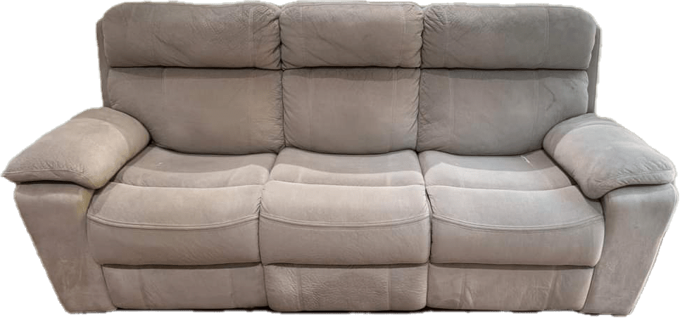 Three-seater couch in light grey with cushioned armrests and segmented seats. Wilk's Junk Service removed it.