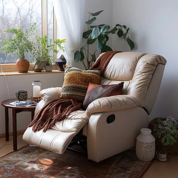 n a cozy room corner, a recliner is covered in cushions and a brown throw blanket. A small table beside it holds a lit candle and an open book. Sunlight streams in through a large window with leafy branches outside. Wilk's Junk Service picked it up.
