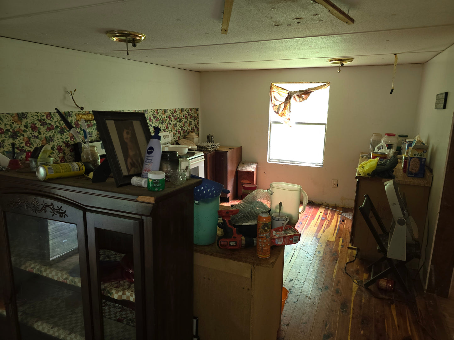 A cluttered interior room with a worn wooden floor, floral wallpaper, and a ceiling with missing panels. Various items, including a monitor, cans, bottles, and assorted objects, are scattered around. A large piece of fabric hangs haphazardly over the window. Cleared out by Wilk's Junk Service.