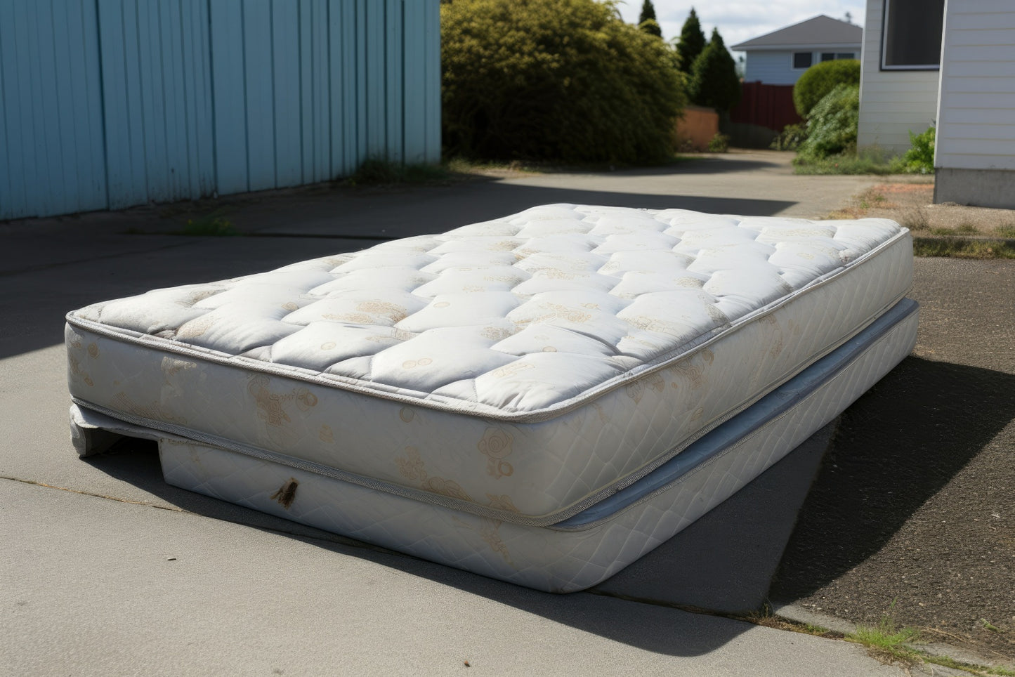 Old mattress and box spring with stains, lying on a concrete surface with grass and houses in the background. Picked up by Wilk's Junk Service.