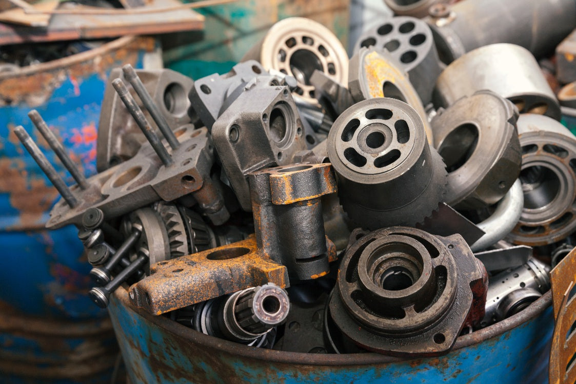 A collection of worn and rusted metal parts, including machinery components, gathered in and around a blue barrel. Cleared out by Wilk's Junk Service.