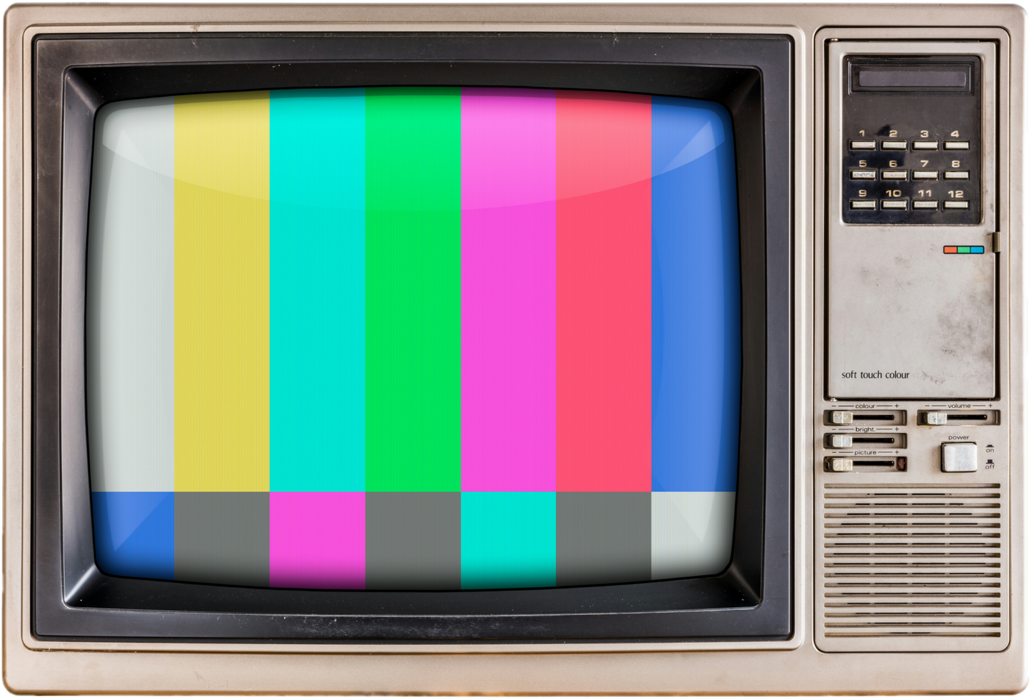 An old-fashioned television set displaying colorful vertical bars, a classic test pattern. Removed by Wilk's Junk Service.
