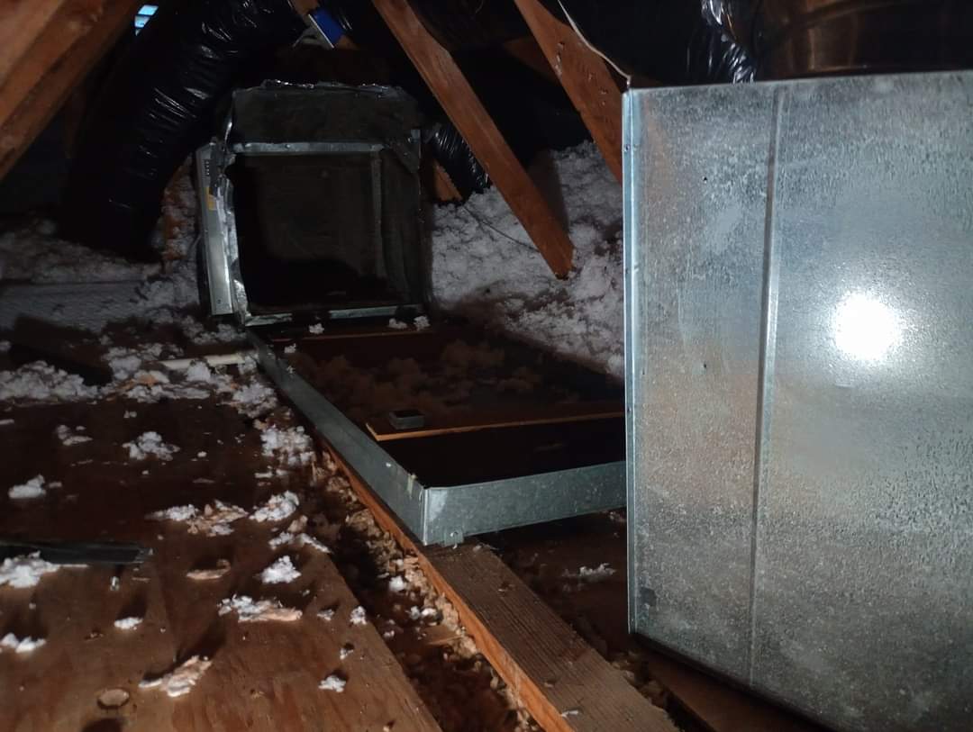 Attic with exposed insulation, wooden beams, and a metallic air duct, showcasing an unfinished space with scattered debris and a small open hatch before cleanout by Wilk's Junk Service.