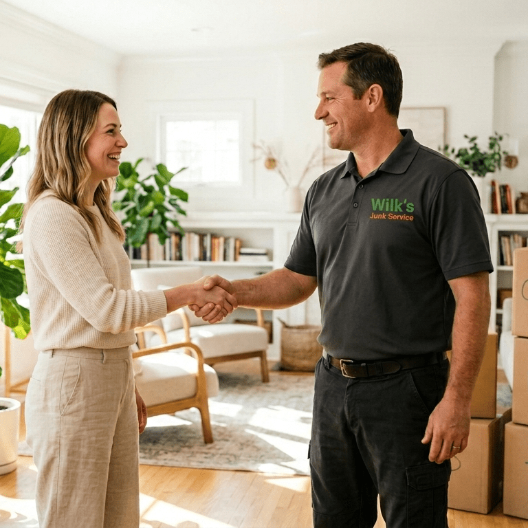 A professional from Wilk’s Junk Service shaking hands with a customer in a bright living room next to labeled donation boxes.