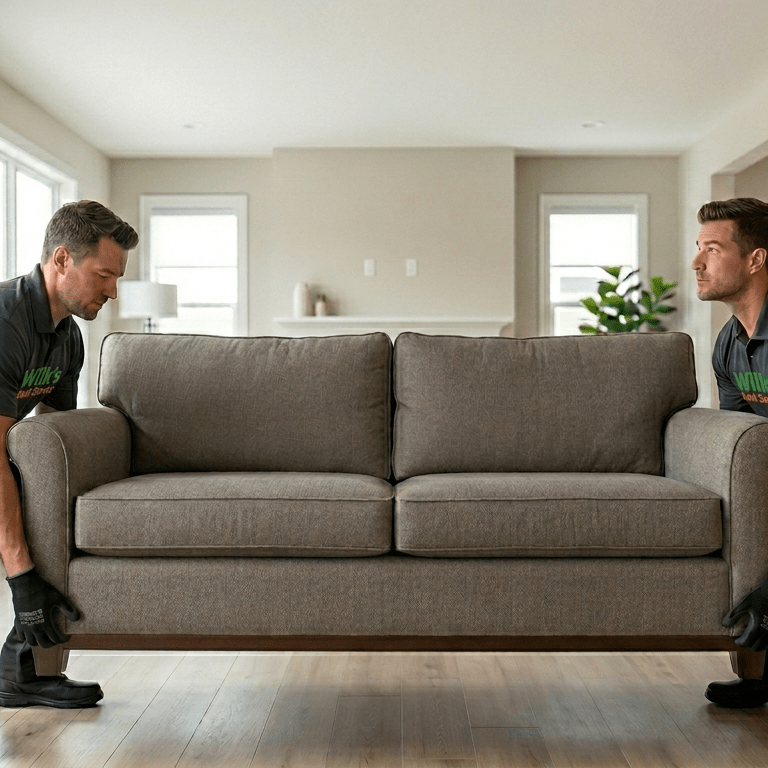 Two professional movers from Wilk’s Junk Service wearing branded grey shirts and black gloves carefully lift a brown fabric sofa in a modern, sunlit living room with hardwood floors.