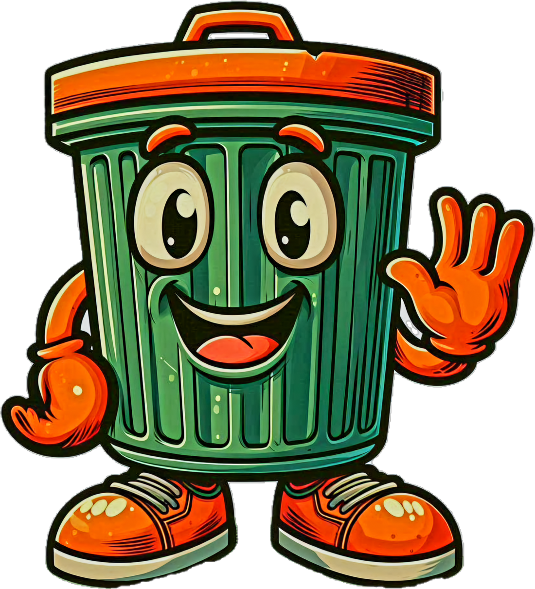 Logo of Wilk's Junk Service featuring a cheerful cartoon trash bin with a green body and orange lid, gloves, and shoes. The trash bin has large, friendly eyes, a wide smile, and is waving with one hand.